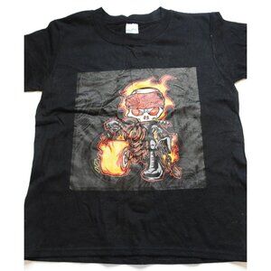 Boys Flame Rider T-Shirt Size 7-8 - Edgy Skeleton Biker Graphic